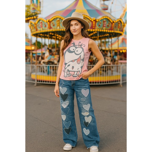 Free People We The Free Piece Of My Heart Jeans Heart Patch Wide Leg HighRise - Picture 3 of 14